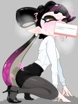 1girl absurdres arm_support aroused black_hair black_pantyhose black_skirt bow-shaped_hair breasts callie_(splatoon) censored commentary_request cum earrings gradient_hair highres implied_fellatio inkling jewelry kneeling long_hair long_sleeves marshmallow_(site) medium_breasts multicolored_hair office_lady paid_reward_available pantyhose pencil_skirt pink_hair rolling_eyes sakaagarikun shirt short_eyebrows skirt solo_focus splatoon_(series) strappy_heels thick_eyebrows tiptoes translation_request very_long_hair white_shirt yellow_eyes 