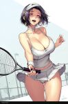  1girl black_hair breasts choker cleavage collarbone commentary_request highres holding holding_tennis_racket large_breasts miniskirt mole mole_under_eye mole_under_mouth nail_polish open_mouth original panties pink_eyes racket rioliogiz short_hair skirt solo tennis_racket thighs underwear visor_cap white_choker white_panties white_skirt 