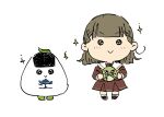  1girl 524ryo :> alt_text ayachamaru ayataka_(brand) blush braid brown_dress brown_hair brown_shoes center-flap_bangs chibi chibi_only closed_mouth commentary_request dress food full_body gonzales_(love_live!) hasu_no_sora_school_uniform highres holding holding_stuffed_toy holding_teapot kachimachi_kosuzu long_sleeves looking_at_viewer love_live! love_live!_hasu_no_sora_jogakuin_school_idol_club medium_hair neckerchief onigiri sailor_collar sailor_dress school_uniform shoes side_ahoge side_braids simple_background smile sparkle stuffed_animal stuffed_dinosaur stuffed_toy teapot v-shaped_eyebrows virtual_youtuber white_background white_sailor_collar winter_uniform yellow_neckerchief 