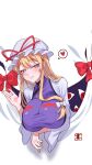  1girl absurdres arm_under_breasts blonde_hair blush breasts commentary dress ellen_drawing gap_(touhou) hair_between_eyes hair_ribbon hand_up hat hat_ribbon heart highres large_breasts long_hair long_sleeves looking_at_viewer mob_cap parted_lips portal_(object) purple_eyes purple_tabard ribbon smile solo spoken_heart tabard touhou upper_body white_background white_dress yakumo_yukari 