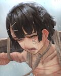  1boy ayaki_(hakuyagen) bdsm bishounen black_hair bondage bound bound_wrists brown_eyes cheek_tattoo commentary_request crying crying_with_eyes_open hair_ornament hairclip hakuyagen_(yoronbi) half-closed_eyes highres kanji_tattoo male_focus nude open_mouth original outstretched_arm pain portrait riding rope_around_neck shibari short_hair sidelocks slave solo tattoo tears torture whip_marks 