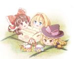  bat_wings black_bow blonde_hair blue_eyes blue_hair bow box braid brown_eyes brown_hair cardboard_box commentary_request crystal_wings eating flandre_scarlet food frilled_bow frilled_hair_tubes frilled_hat frills fruit furim hair_between_eyes hair_tubes hairband hakurei_reimu hat kirisame_marisa koyukkuri long_hair mob_cap orange_(fruit) purple_bow red_bow red_eyes red_hairband remilia_scarlet short_hair side_braid smile tatami touhou wings witch_hat yukkuri_shiteitte_ne 