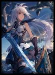  bare_shoulders black_border blurry blurry_background boobplate border breastplate brown_eyes brown_gloves brown_skirt closed_mouth cloud cowboy_shot day depth_of_field dragon gloves granblue_fantasy holding holding_sword holding_weapon long_hair outdoors rean_(r_ean) shield skirt solo standing sword weapon white_hair zooey_(granblue_fantasy) 