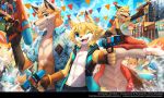  2018 anthro canine clothed clothing dragon fox fur male mammal open_hoodie open_shirt penguinex water_gun 