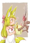 :3 absurdres animal_ears antlers bare_arms bare_shoulders beetle blade blonde_hair bow braid bug commentary_request doitsuken dress fox_child_(doitsuken) fox_ears fox_tail french_braid grey_background heart highres insect long_hair low-tied_long_hair orange_bow original rhinoceros_beetle simple_background solo sparkle tail white_dress yellow_eyes 