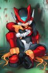  1boy android arm_on_knee arm_support armor blonde_hair blood blood_on_wall blood_stain blue_eyes closed_mouth commentary english_commentary expressionless forehead_jewel full_body helmet highres hilt_only holding honi_(ohohoni) indoors long_hair male_focus mega_man_(series) mega_man_zero_(series) on_ground red_armor red_helmet sitting solo tile_wall tiles zero(z)_(mega_man) zero_(mega_man) 