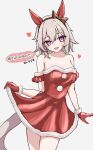  1girl absurdres animal_ears bare_shoulders black_hairband blush bow breasts collarbone colored_speech_bubble commentary_request curren_chan_(umamusume) dress ear_bow ear_covers fur-trimmed_dress fur_trim grey_hair hair_between_eyes hairband heart highres holding_own_dress horse_ears horse_girl horse_tail long_sleeves looking_at_viewer medium_breasts off-shoulder_dress off_shoulder open_mouth purple_eyes red_dress santa_costume santa_dress short_hair smile solo speech_bubble tail tofu_thunder umamusume 