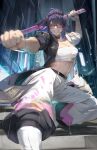  1girl black_hair blue_eyes blue_hair bokken breasts chest_sarashi cleavage clenched_hand coat commentary english_commentary glasses grin highres jessid kson large_breasts looking_at_viewer multicolored_coat multicolored_hair pants petal_print ponytail sarashi smile solo streaked_hair sword two-tone_coat virtual_youtuber vshojo weapon white_pants wooden_sword 