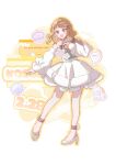  1girl :d bare_shoulders brown_hair character_name commentary_request dated dress english_text full_body gonzales_(love_live!) heart high_heels highres holding holding_stuffed_toy kachimachi_kosuzu kachimachi_kosuzu_(17th_birthday) long_hair love_live! love_live!_hasu_no_sora_jogakuin_school_idol_club mogi_sgame off_shoulder open_mouth purple_eyes shoes short_dress smile solo star_(symbol) stuffed_animal stuffed_dinosaur stuffed_toy virtual_youtuber white_dress white_shoes window_(computing) yellow_background 