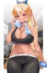  1girl absurdres artist_name black_sports_bra blonde_hair blue_bow blush bow breasts breasts_day chestnut_mouth cleavage collarbone commentary_request cowboy_shot dark-skinned_female dark_elf dark_skin elf english_text fitness_gym gradient_eyes hair_bow high_ponytail highres hololive large_breasts long_hair multicolored_eyes multicolored_hair navel open_mouth pants pointy_ears ponytail red_eyes shiranui_flare signature solo sports_bra streaked_hair sweat taff_airite virtual_youtuber white_streaks workout_clothes yoga_pants 