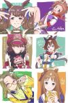  6+girls adjusting_eyewear air_messiah_(inherited_hope)_(umamusume) air_messiah_(umamusume) animal_ears bandana bandana_around_neck belt biko_pegasus_(gale_pegasus_type_zero)_(umamusume) biko_pegasus_(umamusume) blue_eyes blue_jacket blush bow braid breasts bright_pupils brown-framed_eyewear brown_background brown_hair cape closed_mouth collar commentary_request dandelion double_v ear_bow ear_covers ear_ribbon ears_through_headwear english_text epiphaneia_(racing)_(umamusume) epiphaneia_(umamusume) fishnets flower glasses gloves grass_wonder_(stone-piercing_blue)_(umamusume) grass_wonder_(umamusume) green_bow green_hair hair_between_eyes hair_ornament hair_tuft hairclip hand_puppet hat holding horse_ears horse_girl horse_tail jacket large_breasts long_hair long_sleeves looking_at_viewer marche_lorraine_(racing)_(umamusume) marche_lorraine_(umamusume) medium_hair mismatched_ear_covers multicolored_hair multiple_girls open_clothes open_jacket open_mouth orange-framed_eyewear panch4989new pink_eyes pink_hat pointing pointing_at_viewer portrait puppet purple_collar purple_eyes purple_jacket purple_nails red_bandana red_cape sailor_collar shirt short_hair short_sleeves shorts skirt small_breasts smile star_(symbol) star_hair_ornament streaked_hair tail teeth tosen_jordan_(jokester_vibes)_(umamusume) tosen_jordan_(umamusume) translation_request twintails umamusume upper_body upper_teeth_only v white_gloves white_hair white_jacket white_sailor_collar wing_hair_ornament yellow_jacket 