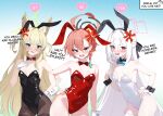  3girls absurdres ahoge alternate_costume anger_vein animal_ear_fluff animal_ear_hairband animal_ears bandaid bandaid_on_arm bandaid_on_cheek bandaid_on_face bell black_hairband black_halo black_leotard black_pantyhose black_wrist_cuffs blonde_hair blue_archive blue_bow blue_bowtie blush bow bowtie braid breasts cawl commentary covered_navel detached_collar doodle_sensei_(blue_archive) double-parted_bangs earrings embarrassed english_commentary english_text fake_animal_ears fox_ears fox_girl gloves green_eyes green_halo hair_between_eyes hairband halo heart highleg highleg_leotard highres huge_ahoge jewelry jingle_bell kei_(blue_archive) kei_(student)_(blue_archive) kurumi_(blue_archive) leotard long_hair long_hair_between_eyes looking_at_viewer mole mole_under_each_eye mole_under_eye multiple_girls multiple_moles neck_bell neru_(blue_archive) neru_(bunny)_(blue_archive) nose_blush official_alternate_costume orange_hair pantyhose pink_eyes pink_halo playboy_bunny rabbit_ear_hairband rabbit_ears rabbit_tail rectangular_halo red_bow red_bowtie red_eyes red_hairband red_leotard ringed_eyes sensei_(blue_archive) short_hair small_breasts strapless strapless_leotard stud_earrings tail thighband_pantyhose thighhighs traditional_bowtie trait_connection triangle_halo tsundere two_side_up very_long_hair white_gloves white_hair white_leotard white_thighhighs white_wrist_cuffs wrist_cuffs 
