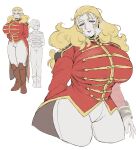  2girls absurdres alternate_universe angelo_sauper aoi_(0ud0ntabetabe) blue_eyes boots breasts brown_boots commentary_request cropped_legs curvy full_frontal genderswap genderswap_(mtf) gloves gundam gundam_unicorn hair_behind_ear half-closed_eyes head_tilt highres huge_breasts jacket long_hair looking_at_viewer mask military_rank_insignia military_uniform multiple_girls neo_zeon pants red_jacket red_lips science_fiction short_hair simple_background smile white_background white_gloves white_pants 