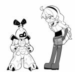 1girl :d ahoge boots cropped_jacket crossover elbow_gloves gloves greyscale hair_between_eyes hairband hands_on_own_hips honkai_(series) honkai_impact_3rd kiana_kaslana kiana_kaslana_(valkyrie_ranger) leaning_forward long_hair low_twintails medarot metabee monochrome nabeiro_kin pantyhose pantyhose_under_shorts robot shirt short_shorts short_sleeves shorts simple_background smile thigh_boots twintails uneven_eyes very_long_hair white_background 