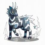  alt_text black_fur blue_eyes colored_sclera commentary english_commentary horns looking_to_the_side mistray-art no_humans pokemon pokemon_(creature) signature simple_background solo tail two-tone_fur white_background white_fur white_horns yellow_sclera zebra zebstrika 