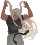  1girl absurdres animal_ears arms_up artist_name belt black_belt black_shirt boku_no_hero_academia breasts clenched_teeth commentary cosplay covered_abs dark-skinned_female dark_skin english_commentary floating_hair fushiguro_toji fushiguro_toji_(cosplay) grey_pants grin hands_up highres jujutsu_kaisen large_breasts long_eyelashes long_hair looking_at_viewer mirko muscular muscular_female pants parted_bangs rabbit_ears rabbit_girl red_eyes shirt short_sleeves simple_background smile solo teeth very_long_hair watermark white_background white_hair yawz 