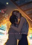  2girls artist_name backlighting bare_shoulders black_hair blush brown_hair city cityscape closed_eyes commentary commission crescent_moon english_text height_difference highres kiss kissing_forehead long_hair long_sleeves moon multiple_girls night original outdoors yuri zxlai 