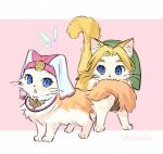  1boy 1girl animal animalization blue_eyes border cat commentary_request fairy green_hat hat link looking_at_viewer navi opleillle outside_border pink_background princess_zelda simple_background the_legend_of_zelda the_legend_of_zelda:_ocarina_of_time triforce twitter_username veil whiskers white_border young_link young_zelda 