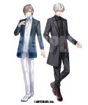  2boys alternate_costume arm_at_side asymmetrical_sidelocks black_boots black_jacket black_nails black_pants black_shirt blazer blue_jacket boots brown_hair collar_chain_(jewelry) collared_shirt colored_shoe_soles commentary_request copyright_notice curtained_hair fingernails full_body gradient_clothes gradient_jacket grey_eyes hair_between_eyes hand_in_pocket hand_on_own_chest jacket jewelry kanae_(nijisanji) koujisako kuzuha_(nijisanji) lace-up_boots lapels loafers long_sleeves looking_at_viewer male_focus medium_hair mole mole_under_eye multiple_boys nijisanji notched_lapels official_art open_clothes open_hand open_jacket pants pants_tucked_in parted_lips pendant ponytail red_eyes ribbed_shirt ring sample_watermark sharp_fingernails shirt shoes short_hair short_ponytail side-by-side sidelocks simple_background smile standing untucked_shirt virtual_youtuber watermark white_background white_hair white_pants white_shirt white_shoes zipper_pull_tab 