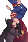  2boys bat_mask batman batman_(series) black_cape blue_bodysuit bodysuit cape clark_kent dc_comics grey_bodysuit highres kiss male_focus multiple_boys muscular muscular_male red_cape superhero_costume superman superman_(series) superman_logo white_background xuanmai_alter yaoi 