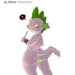  2018 ? anthro big_butt blush butt cold-blooded-twilight dragon eyebrows friendship_is_magic green_eyes hi_res holding_object looking_at_viewer looking_back male my_little_pony nude portrait rear_view saliva scalie simple_background slit_pupils solo spade_tail speech_bubble spike_(mlp) standing thick_tail thick_thighs three-quarter_portrait toothbrush white_background 