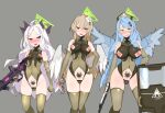  3girls ahoge ainagi alternate_costume alternate_halo angel_wings assault_rifle bar_censor bare_shoulders blue_archive blue_hair blue_wings blush braid breast_cutouts breasts brown_eyes brown_hair censored commentary_request corruption covered_navel demon_girl demon_horns demon_wings dildo elbow_gloves embarrassed feathered_wings flower forehead gloves green_eyes green_halo grenade_launcher grey_background groin gun hair_between_eyes hair_flower hair_ornament hairclip half-closed_eyes halo handgun hat hina_(blue_archive) holding holding_gun holding_weapon horns kaiser_pmc_(blue_archive) large_breasts latex leotard lever_action long_hair looking_at_viewer low_wings machine_gun mg42 mine_(blue_archive) multiple_girls multiple_horns nagisa_(blue_archive) navel nipple_cutout nipples nose_blush nurse_cap object_insertion octopus_tattoo open_mouth parted_bangs parted_lips pubic_tattoo purple_eyes revealing_clothes rifle sex_toy shield shotgun simple_background small_breasts smile standing tattoo thighhighs triangle_halo vaginal vaginal_object_insertion variant_set very_long_hair walther_ppk weapon white_hair winchester_model_1887 wings 