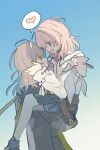  2girls black_jacket black_overskirt carrying carrying_person commentary eye_contact face-to-face flower_ornament from_side grey_hair heart highres honkai:_star_rail honkai_(series) jacket lian001217 looking_at_another march_7th_(honkai:_star_rail) march_7th_(preservation)_(honkai:_star_rail) multicolored_eyes multiple_girls pink_hair shirt spoken_heart stelle_(honkai:_star_rail) tied_jacket trailblazer_(honkai:_star_rail) two-tone_eyes white_shirt yellow_eyes yuri 