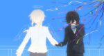  2boys angel_wings bandage_on_cheek bandaid bandaid_on_face black_gloves black_hair black_jacket black_pants blue_sky buttons charles_eyler chinese_commentary collared_shirt commentary_request confetti floating_clothes floating_hair gloves grey_hair halo hand_on_own_face hello_charlotte holding_hands jacket long_sleeves low_ponytail medium_hair multiple_boys no_eyes ochaocha on_rooftop outline pants ponytail railing scene_reference shaded_face shirt short_hair sidelocks sky smile turtleneck turtleneck_shirt vincent_wordsworth white_outline white_shirt wings 