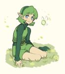 1girl belt blue_eyes closed_mouth fairy full_body grass green_hair green_sweater green_tunic highres kokiri melodymiisafer on_ground pointy_ears saria_(zelda) short_hair sitting smile solo sweater the_legend_of_zelda the_legend_of_zelda:_ocarina_of_time tunic turtleneck turtleneck_sweater white_background 