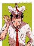  1boy animal_on_head beard_stubble bird bird_on_head black_eyes black_hair chicken chimiko80 commentary_request cook_(kiyoshi-kun) dated exorcist_no_kiyoshi-kun facial_hair green_background highres male_focus necktie on_head pocket red_necktie stubble tosaka_zangi upper_body white_background 