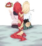  2girls absurdly_long_hair absurdres ahoge alice_thymefield alternate_hairstyle animal_ears bebekp bed blonde_hair blush braid cutting_hair from_behind green_eyes hair_down hair_focus highres long_hair multiple_girls on_bed open_mouth rabbit_ears rabbit_girl rabbit_tail red_hair scissors shirt simple_background sitting tail ukinami_yuzuha v very_long_braid very_long_hair white_background white_shirt zenless_zone_zero 