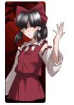  1girl ascot black_hair bow chest_sarashi closed_mouth commentary derivative_work detached_sleeves embodiment_of_scarlet_devil english_commentary frown hair_bow hair_tubes hakurei_reimu highres looking_at_viewer medium_hair official_alternate_costume official_art_redraw qwinniup red_ascot red_bow red_eyes red_skirt ribbon-trimmed_sleeves ribbon_trim sarashi skirt skirt_set solo sprite_redraw touhou zun_pose 
