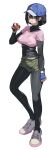  1girl absurdres black_bodysuit black_hair blue_eyes blue_hat blush bodysuit bodysuit_under_clothes breasts cargo_shorts commentary_request diving_suit female_protagonist_(pokemon_ww) fingerless_gloves floral_print floral_print_shirt gloves green_shorts hat highres holding holding_poke_ball layered_sleeves long_sleeves looking_at_viewer medium_breasts nenehotoso open_mouth pink_shirt poke_ball poke_ball_(basic) pokemon pokemon_winds_and_waves print_shirt shirt shoes short_hair short_over_long_sleeves short_sleeves shorts smile solo wetsuit white_shoes 
