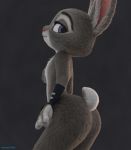  2018 3d_(artwork) adamb/fluffy anthro big_butt blender_(software) butt butt_pose clothing digital_media_(artwork) disney eyelashes female fingerless_gloves flat_chested fur gloves grey_background grey_fur hand_on_chest judy_hopps lagomorph looking_at_viewer looking_back mammal multicolored_fur nude pink_nose purple_eyes rabbit simple_background smile solo two_tone_fur white_fur zootopia 