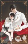  2boys black_eyes black_hair black_shorts cake cake_slice chair commentary cup food fork gauze gauze_on_cheek gauze_on_knee highres holding holding_fork iunsei jacket kim_dokja male_focus multiple_boys oldest_dream omniscient_reader's_viewpoint on_chair plate scar scar_across_eye scar_on_face secretive_plotter shirt shorts sitting sitting_on_lap sitting_on_person teacup teapot thigh_strap white_jacket white_shirt yoo_joonghyuk 
