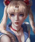  1girl absurdres artist_name bare_shoulders bishoujo_senshi_sailor_moon blonde_hair blue_eyes blue_sailor_collar breasts choker circlet cleavage commentary crescent crescent_earrings derivative_work double_bun earrings english_commentary hair_bun hair_ornament heart heart_choker highres jewelry krita_(medium) large_breasts long_hair looking_at_viewer magical_girl meme mole mole_on_breast mole_on_neck mole_on_shoulder multiple_moles parted_bangs parted_lips photoshop_(medium) red_choker red_lips redrawn sailor_collar sailor_moon sailor_moon_redraw_challenge_(meme) sailor_senshi_uniform screenshot_redraw short_sleeves solo tsukino_usagi twintails upper_body zenthol 
