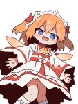  1girl blue_eyes blush commentary dress fairy fairy_wings fang feet_out_of_frame highres long_sleeves looking_at_viewer magg_(user_mtca8588) open_mouth orange_hair simple_background smile socks solo standing sunny_milk touhou two_side_up white_background white_dress white_socks wide_sleeves wings 