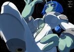  1girl abs alien antennae black_sclera blue_eyes blue_hair bodysuit bone_nigi boots breasts colored_sclera colored_skin commentary commission english_text green_skin helmet highres large_breasts large_hands looking_at_viewer original planet science_fiction short_hair signature solo space space_helmet spacesuit star_(sky) thrusters unzipped 