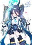  1girl absurdly_long_hair absurdres alternate_costume alternate_hairstyle aqua_halo aris_(armed)_(blue_archive) aris_(blue_archive) black_hair blue_archive blue_necktie closed_eyes commentary_request double_v gloves hair_between_eyes halo headgear heart highres korean_commentary leotard long_hair long_hair_between_eyes mecha_musume mechanical_legs mechanical_wings minimin346539 multicolored_leotard necktie open_mouth rectangular_halo short_necktie showgirl_skirt simple_background smile solo thighhighs thrusters twintails two-tone_leotard v very_long_hair white_background white_leotard wings 