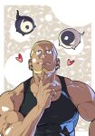  1boy bara black_tank_top blonde_hair buzz_cut closed_mouth commentary_request daifuku_(yomi_no_tsugai) dark-skinned_male dark_skin dated ear_piercing hamura_kenichi heart highres looking_up male_focus masapeko multiple_piercings ohagi_(yomi_no_tsugai) piercing short_hair tank_top very_short_hair yomi_no_tsugai 