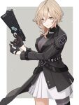  1girl black_gloves black_jacket border breasts brown_hair closed_mouth commentary_request cowboy_shot diamond-shaped_pupils diamond_(shape) dominator_(gun) gloves green_eyes grey_background gun hair_between_eyes handgun highres holding holding_gun holding_weapon honkai:_star_rail honkai_(series) jacket kuchiba_(honkai:_star_rail) large_breasts light_smile long_sleeves looking_at_viewer medium_hair mi_kanna mole mole_under_eye multicolored_eyes orange_eyes outside_border psycho-pass see-through_cleavage see-through_clothes simple_background skirt solo symbol-shaped_pupils two-tone_eyes weapon white_border white_skirt 