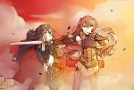  2girls angry blood blood_on_face blue_eyes blue_hair bruise fingerless_gloves fire_emblem fire_emblem:_kakusei gloves injury long_hair lucina multiple_girls nintendo protecting red_eyes red_hair red_sky selena_(fire_emblem) serena_(fire_emblem) shield shocked_eyes sword tiara torn_cape torn_clothes torn_pants twintails wrist_cuffs 
