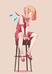  absurdres ascot bangs blonde_hair blunt_bangs brown_eyes crystal flandre_scarlet full_body highres light_brown_background looking_at_viewer mary_janes pointy_ears red_footwear shoes short_sleeves side_ponytail simple_background sitting socks stool touhou white_legwear wings wrist_cuffs yellow_neckwear yoruny 