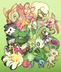 antennae brown_eyes celebi cherrim cherrim_(sunshine) closed_eyes commentary english_commentary everyone grass_type_theme_(pokemon) green_background highres kurapixel leafeon lilligant looking_at_viewer lurantis mega_meganium mega_pokemon meganium meowscarada oddish open_mouth pokemon pokemon_(creature) roselia_(pokemon) skiddo tsareena whimsicott 
