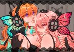  2girls alternate_costume alternate_hairstyle bare_shoulders breasts bug butterfly butterfly_hair_ornament butterfly_wings cleavage commentary couple english_commentary face-to-face gradient_hair hair_ornament headphones highres hololive hololive_english insect_wings kuur0kane long_hair looking_at_another magnet_(vocaloid) mori_calliope multicolored_hair multiple_girls orange_hair pink_hair purple_eyes red_eyes redrawn takanashi_kiara tiara virtual_youtuber wings yuri 