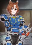  1girl animal_ears blue_helmet blush brown_eyes brown_hair closed_mouth commentary_request grey_hair hair_between_eyes helm helmet highres holding holding_unworn_helmet horse_ears kamen_rider kamen_rider_agito_(series) kamen_rider_g3-x looking_at_viewer multicolored_hair ribehachi smile solo two-tone_hair umamusume unworn_headwear unworn_helmet watermark yaeno_muteki_(umamusume) 