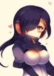  bangs black_gloves black_hair blush breasts closed_mouth elbow_gloves gloves hair_over_one_eye hand_on_own_chest hand_up headphones heart highres impossible_clothes kemono_friends king_penguin_(kemono_friends) large_breasts long_hair muuran orange_eyes short_sleeves signature smile solo turtleneck zipper_pull_tab 