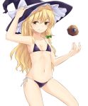  bare_arms bare_shoulders bikini black_bikini blonde_hair bow braid breasts collarbone commentary cowboy_shot green_bow hair_bow hand_on_headwear hand_up hat hat_bow kirisame_marisa looking_at_viewer micro_bikini mini-hakkero miyo_(ranthath) navel side-tie_bikini simple_background single_braid small_breasts smile solo standing stomach swimsuit touhou white_background white_bow witch_hat yellow_eyes 