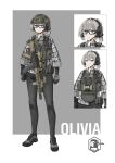  1girl absurdres assault_rifle black_gloves black_pants black_undershirt blue_eyes bulletproof_vest carabiner character_name closed_mouth collared_shirt combat_helmet commentary double-parted_bangs english_commentary expressionless fast_helmet foregrip geissele_urg-i gloves goggles grey_hair grey_shirt gun gun_sling handgun headset helmet highres holster laser_sight load-bearing_vest m4_carbine magazine_(weapon) microphone military_operator multiple_views olivia_(painlnajar) optical_sight original painlnajar pants peq plaid_clothes plaid_shirt ponytail radio radio_antenna rifle shirt shoes short_hair sneakers vertical_foregrip weapon 