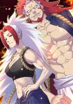  1boy 1girl abs bare_pectorals beard breasts cleavage commentary_request earrings facial_hair full_bloom2000 hand_on_own_hip hidari_(yomi_no_tsugai) highres horns jewelry large_pectorals long_hair migi_(yomi_no_tsugai) multicolored_hair muscular muscular_male navel pectorals red_hair sharp_teeth single_horn small_horns teeth two-tone_hair very_long_hair yomi_no_tsugai 